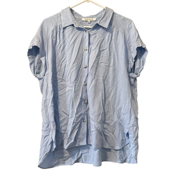 Rose + Olive Blouse Shirt Size Large Blue Button Down Lightweight Rayon Casual - Picture 1 of 10